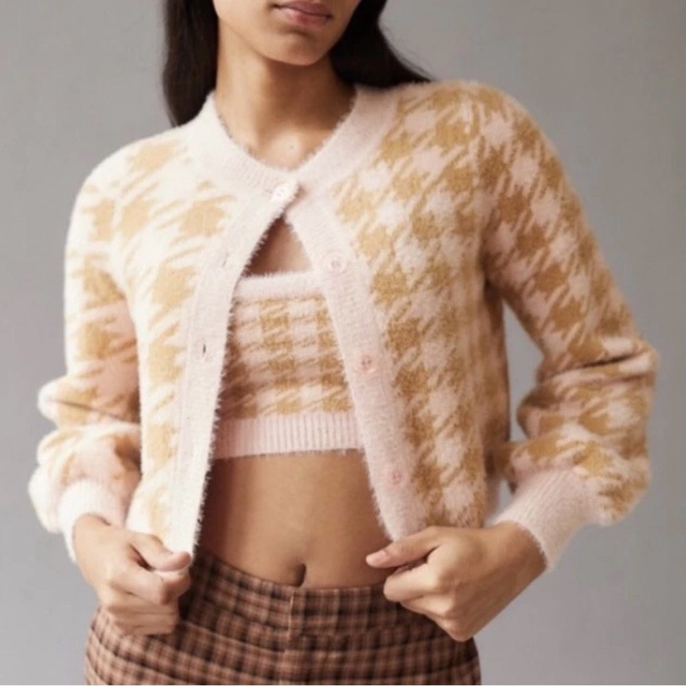 For Love And Lemons Cher Cardigan in Light Pink & Tan